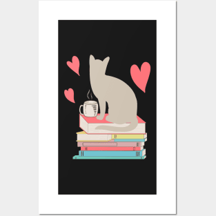 Cat silhouette coffee tea books hearts Posters and Art